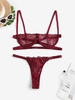Lace Underwire Caged Lingerie Set L Red wine
