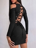 Lace Up Back Ribbed Cold Shoulder Slinky Dress S Black