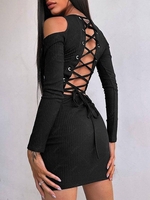 Lace Up Back Ribbed Cold Shoulder Slinky Dress S Black
