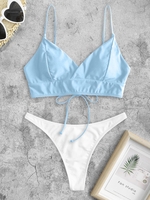 Lace Up Back Thong Bikini Swimwear Light blue