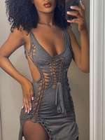 Lace Up Backless Slit Bodycon Dress L Dark gray