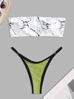 Marble Bandeau Contrasting Binding O Ring Thong Bikini Swimwear Multi a