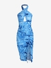 Marble Print Cinched Slit Criss Cross Halter Bodycon Dress S Blue