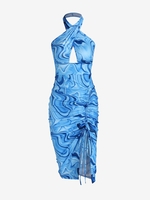 Marble Print Cinched Slit Criss Cross Halter Bodycon Dress S Blue