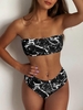 Marble Print High Waisted Bandeau Bikini Set S Black