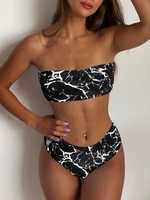 Marble Print High Waisted Bandeau Bikini Set S Black