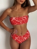 Marble Print High Waisted Bandeau Bikini Set S Red