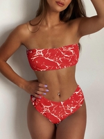 Marble Print High Waisted Bandeau Bikini Set S Red