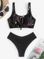 Marble Print Knotted Bikini Top and Crossover Crinkle Textured Bikini Bottom Golden