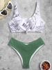 Marble Print Knotted Bikini Top and Crossover Crinkle Textured Bikini Bottom Green