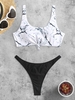 Marble Print Knotted Bikini Top With Thong Bikini Bottom Two Piece Set White