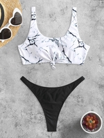 Marble Print Knotted Bikini Top With Thong Bikini Bottom Two Piece Set White