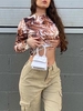 Marble Print Round Neck Long Sleeve Crop Tee S Coffee