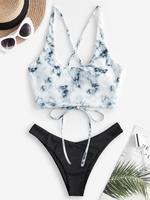 Marble Ribbed Lace Up Bikini Swimwear Black
