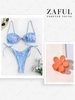 Marine Life Print Tie Side String Bikini Swimwear With Flower Design Hair Claw Light blue