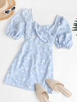 Marine Print Puff Sleeve Surplice Dress L Light blue
