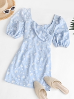 Marine Print Puff Sleeve Surplice Dress Xl Light blue