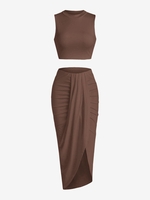 Marled Crop Top and Draped Ruched Maxi Skirt Set Xl Coffee