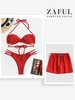 Matching Couple Swimwear Braided Straps Ribbed Floss Bikini and Drawstring Beach Shorts Red