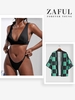 Matching Couple Swimwear Braided Straps Tanga Bikini and Plaid Print kimono Black