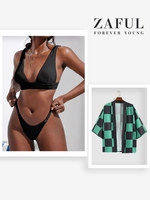 Matching Couple Swimwear Braided Straps Tanga Bikini and Plaid Print kimono Black