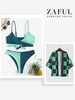 Matching Couple Swimwear Colorblock Wrap Bikini and Checkerboard Kimono Shirt Green