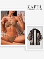 Matching Couple Swimwear Criss Cross Halter Bikini and Crane Print Kimono Coffee