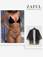 Matching Couple Swimwear Giraffe Print Bikini and Sea Wave Printed Kimono Cardigan Black