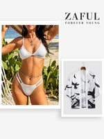 Matching Couple Swimwear Ladder Cutout Ribbed Bikini and Bird Print Kimono White