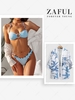 Matching Couple Swimwear Ribbed O-ring Stripes Panel Bikini and Floral Beach Kimono Light blue