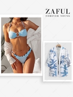 Matching Couple Swimwear Ribbed O-ring Stripes Panel Bikini and Floral Beach Kimono Light blue