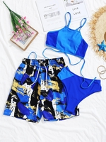 Matching Couple Swimwear Two Tone Tankini and Paint Print Shorts Blue