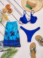 Matching Couple Swimwear V Wired Bikini And Coconut Palm Hawaiian Beach Shorts Blue
