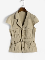 Multi-pockets Belted Grommet Decor Cargo Waistcoat M Coffee