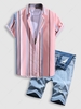 Multicolored Stripe Shirt With Distressed Denim Shorts Two Piece Set Multi a
