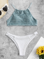 Multiway Smocked Velvet Textured Ladder Cutout Bikini Swimwear Light blue