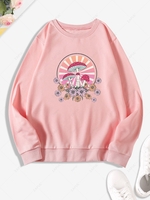 Mushroom Floral Print Pullover Sweatshirt M Light pink