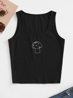 Mushroom Rhinestone Ribbed Tank Top S Black