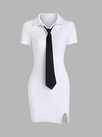 Necktie Slit Knitted Mini T Shirt Dress L White