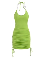 Neon Cinched Side Chains Halter Slinky Dress L Green
