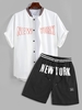 NEW YORK Printed Baseball Shirt With Pinstripes Shorts Two Piece Set White
