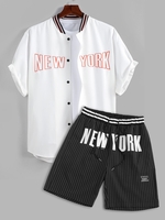 NEW YORK Printed Baseball Shirt With Pinstripes Shorts Two Piece Set White