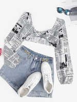 Newspaper Print Twist Front Crop Top M White