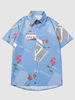 Newspaper Rose Flower Print Pocket Vacation Shirt Xl Day sky blue