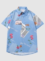 Newspaper Rose Flower Print Pocket Vacation Shirt Xl Day sky blue