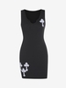 Notched Collar Ribbed Cross Embroidered Tank Dress L Black