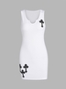 Notched Collar Ribbed Cross Embroidered Tank Dress M White