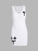 Notched Collar Ribbed Cross Embroidered Tank Dress M White