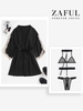 O-ring Choker Harness Lingerie Teddy with Lace Trim Satin Belted Robe Black