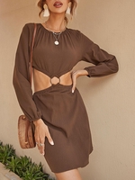 O Ring Cut Out Waist Mini Dress M Deep coffee